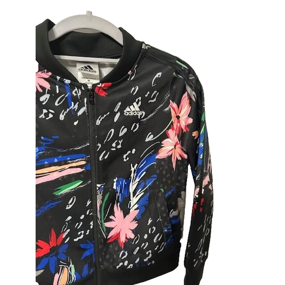 Adidas Track Jacket Black Blue Pink Floral Full Zip Front Girls Sz M 10/12
